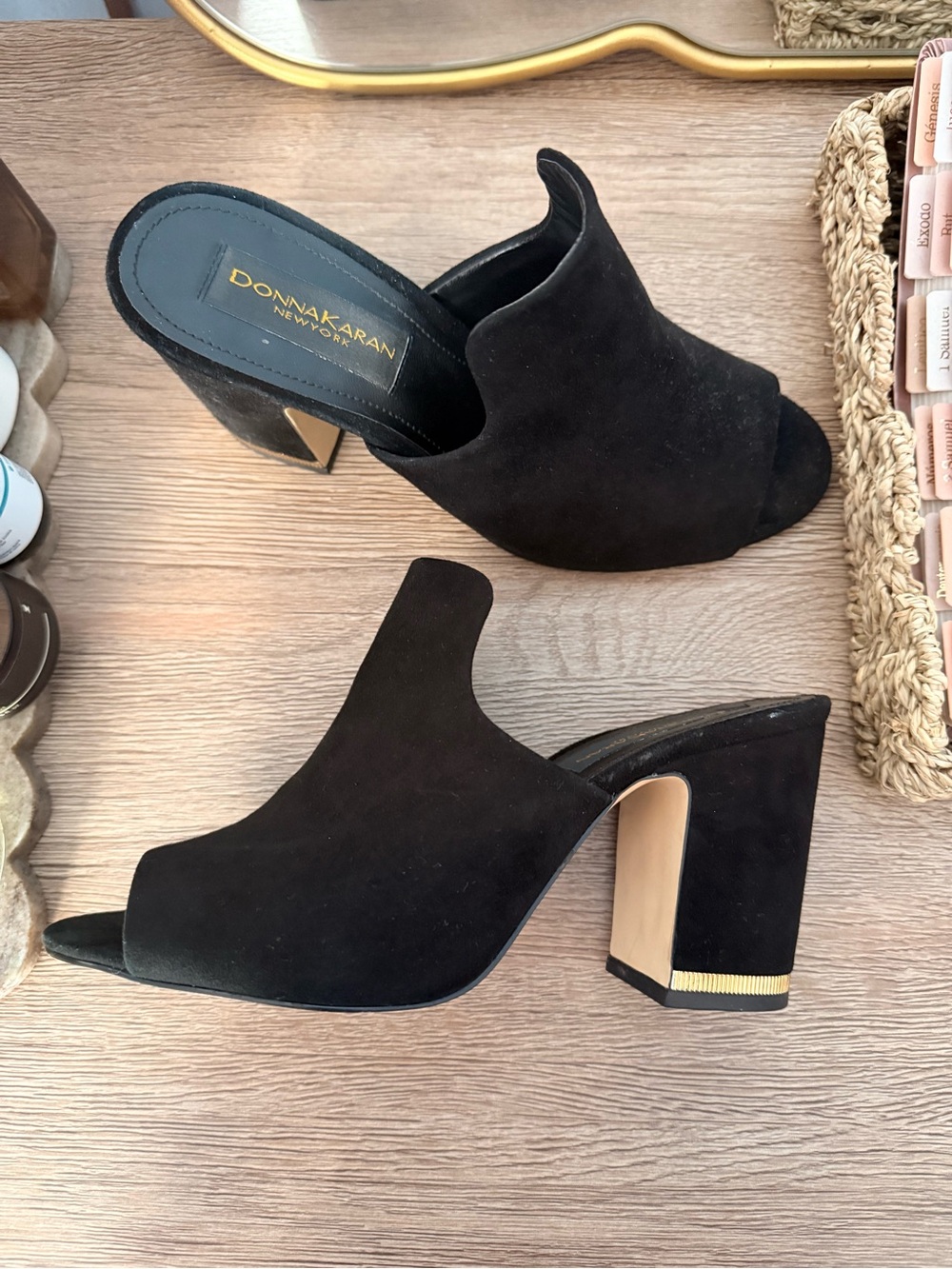 Donna Karan Black Suede Open-Toe Block Heel Mules with Gold Accent